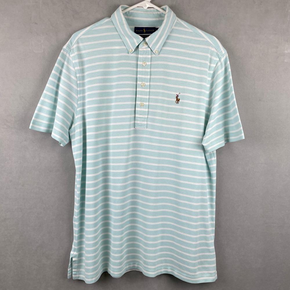 Ralph Lauren Knit Oxford Polo Button Shirt Men L Green Striped Cotton Preppy EUC